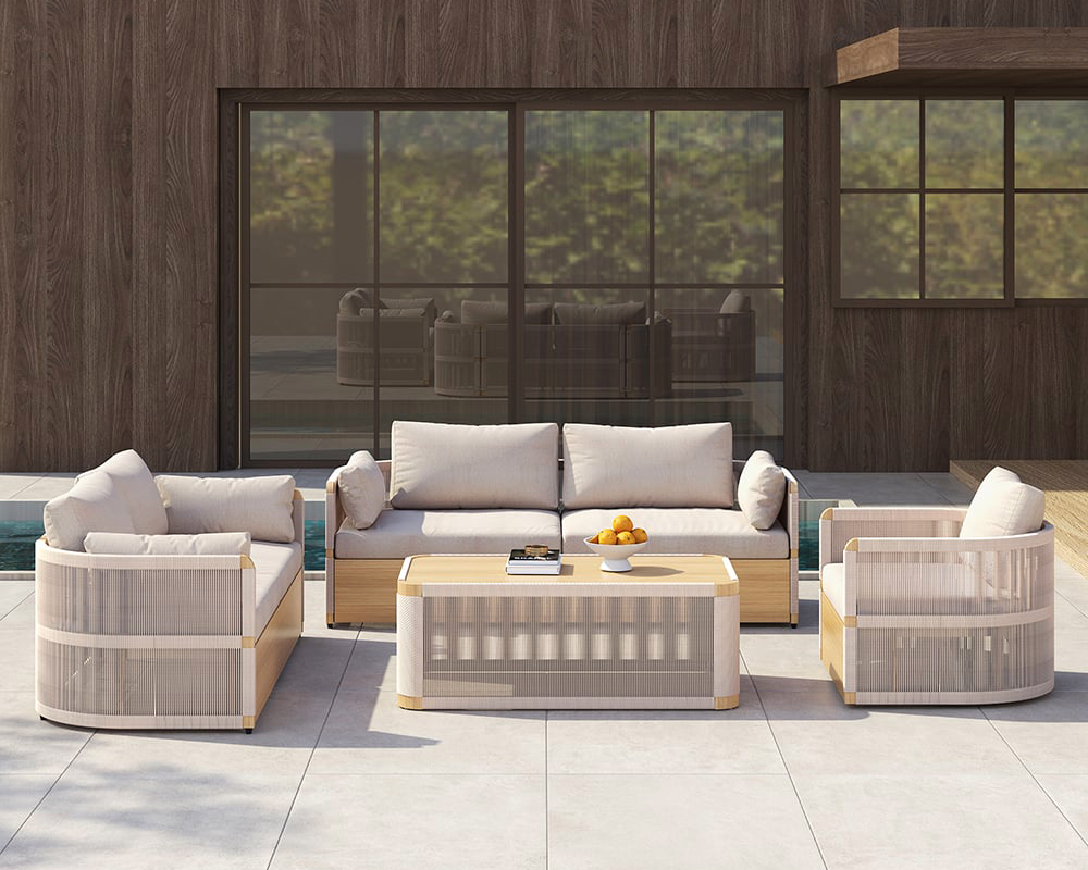 HMR - 4-Pieces Modern Aluminum & Rope Outdoor Sofa Set with Coffee Table