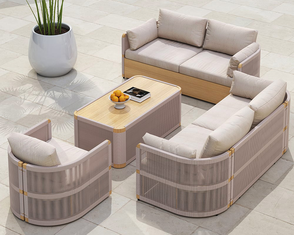 HMR - 4-Pieces Modern Aluminum & Rope Outdoor Sofa Set with Coffee Table