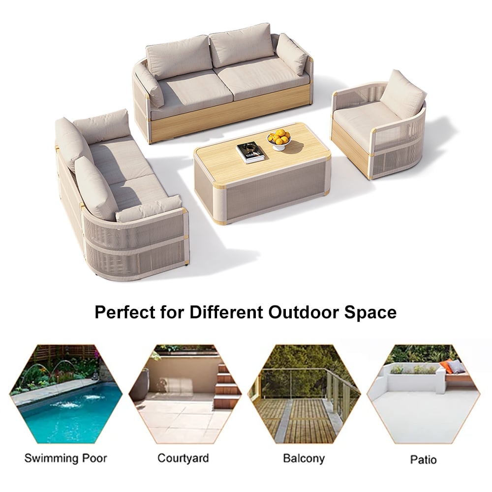 HMR - 4-Pieces Modern Aluminum & Rope Outdoor Sofa Set with Coffee Table