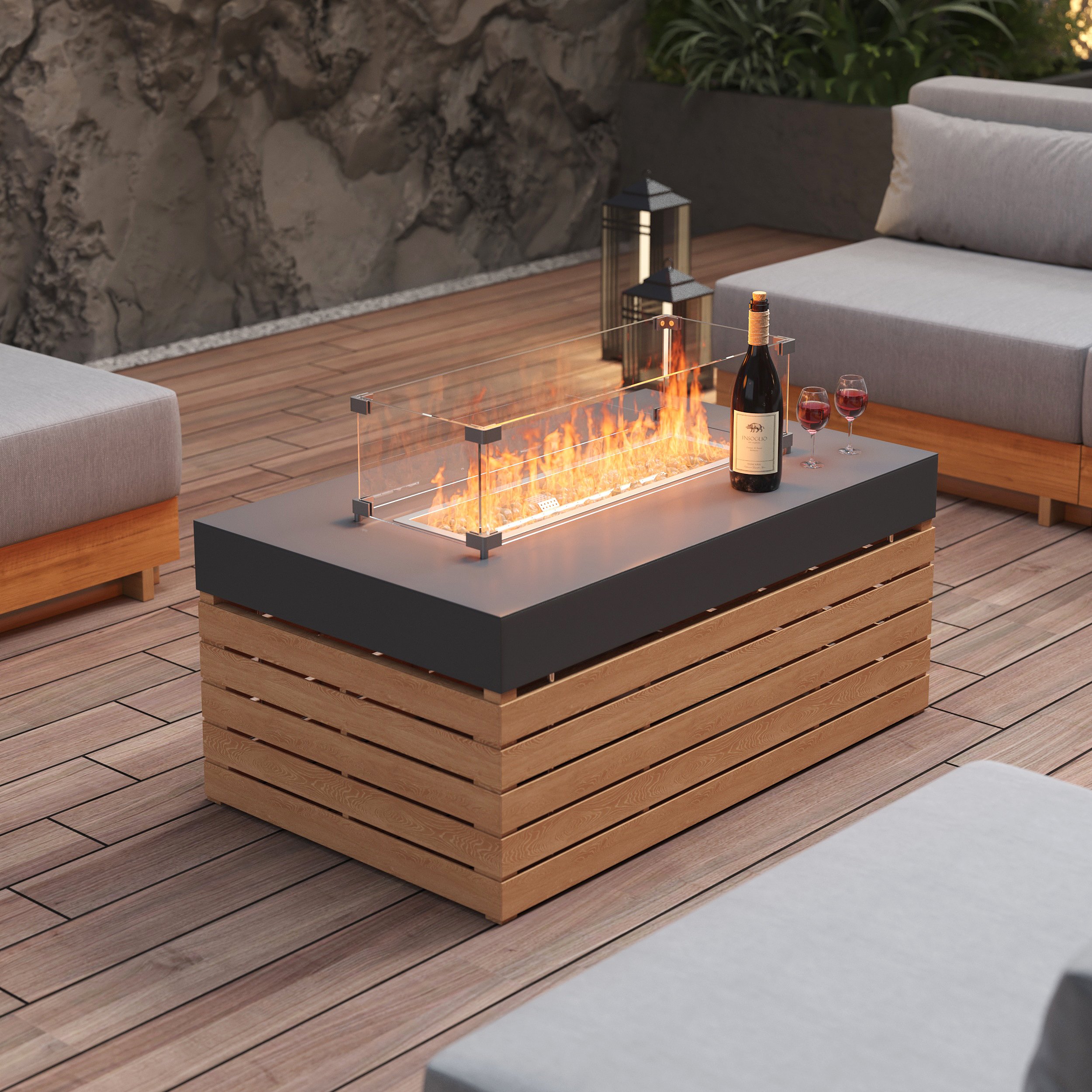 HMR - 39" Smokeless Fire Pit With Glass Wind Guard for Outdoor Patio