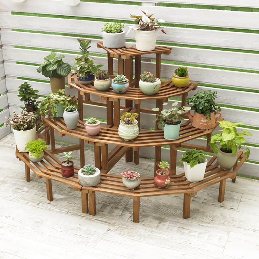 HMR - 4 Tier Multifunctional Tall Tiered Wood Outdoor Plant Stand Display Shelf Rack Natural