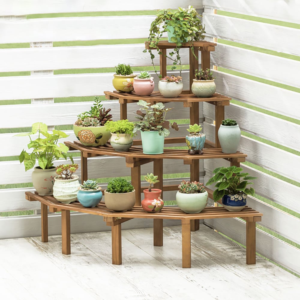 HMR - 4 Tier Multifunctional Tall Tiered Wood Outdoor Plant Stand Display Shelf Rack Natural