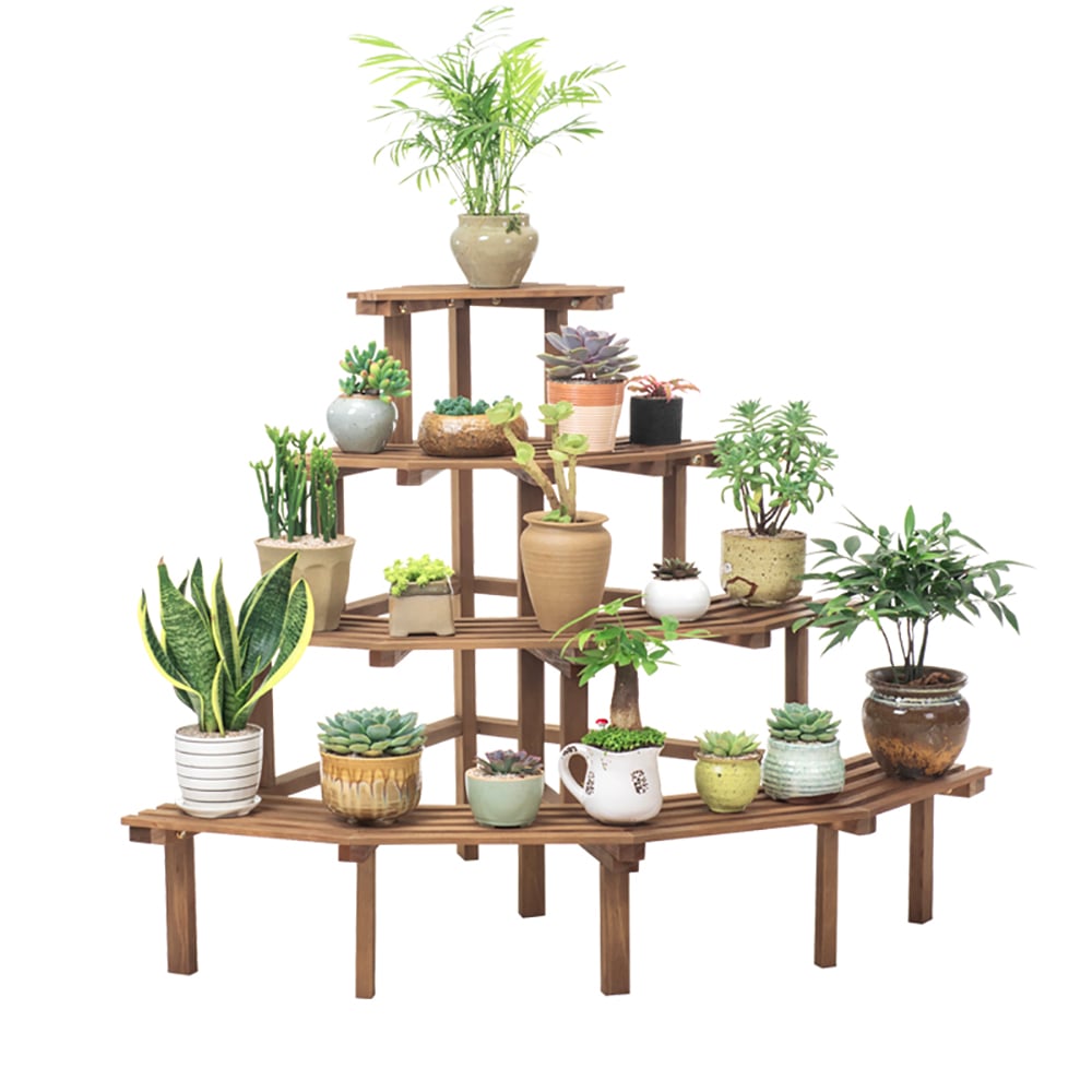 HMR - 4 Tier Multifunctional Tall Tiered Wood Outdoor Plant Stand Display Shelf Rack Natural