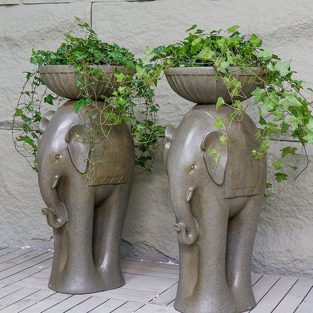 HMR - 26" Outdoor Elephant Sculpture Resin Garden Statue Planter Bird Bath Figurine in Green