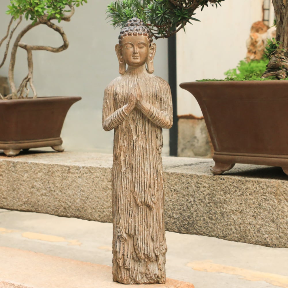 HMR - Outdoor Garden Standing Pray Buddha Statue Patio Distressed Brown Resin Sculpture Decor