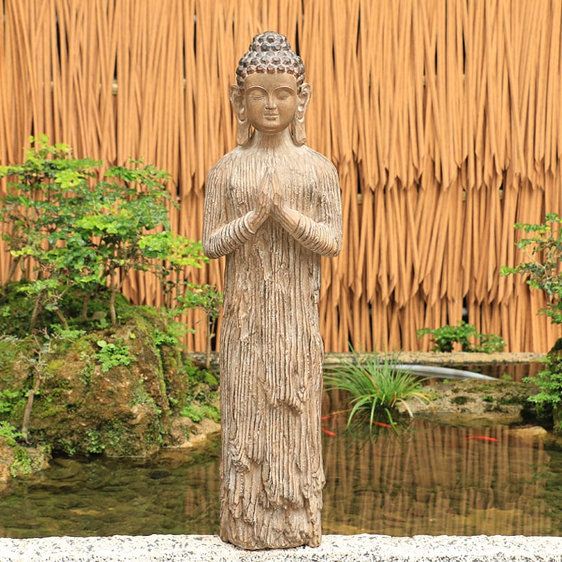HMR - Outdoor Garden Standing Pray Buddha Statue Patio Distressed Brown Resin Sculpture Decor