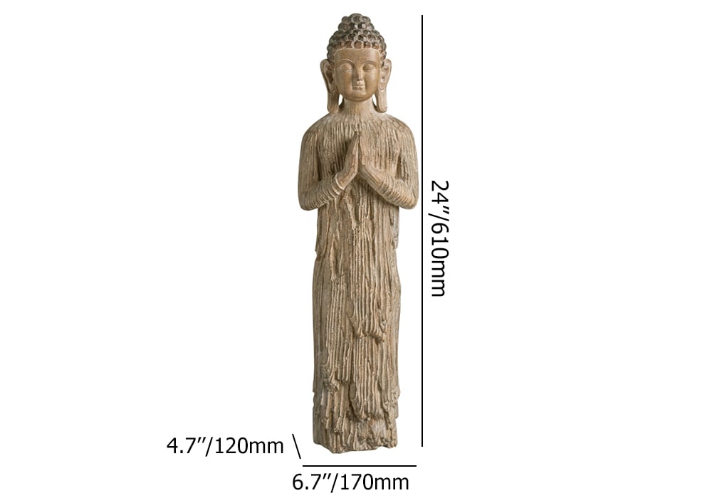 HMR - Outdoor Garden Standing Pray Buddha Statue Patio Distressed Brown Resin Sculpture Decor