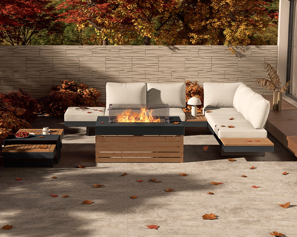 HMR - 5-Pieces Modular Teak Outdoor Sofa Set with Smokeless Fire Pit for 6 Person