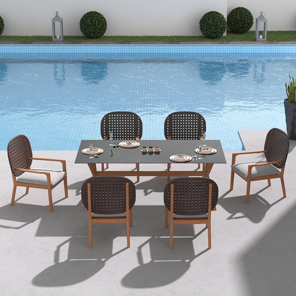 HMR - 3-Pieces Teak Wood Outdoor Dining Set with Glass Top Table Rattan Armchair in Natural