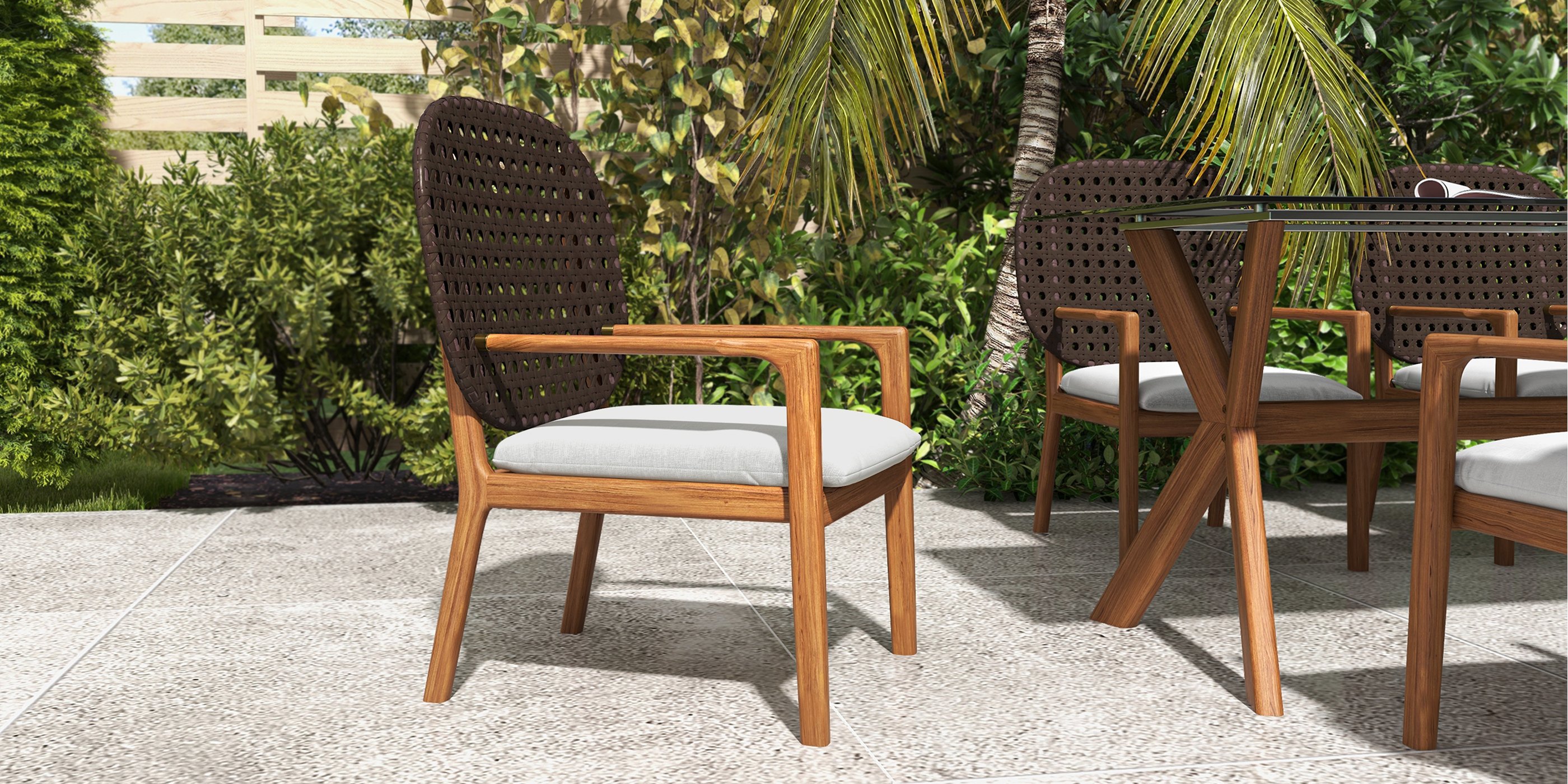 HMR - 3-Pieces Teak Wood Outdoor Dining Set with Glass Top Table Rattan Armchair in Natural