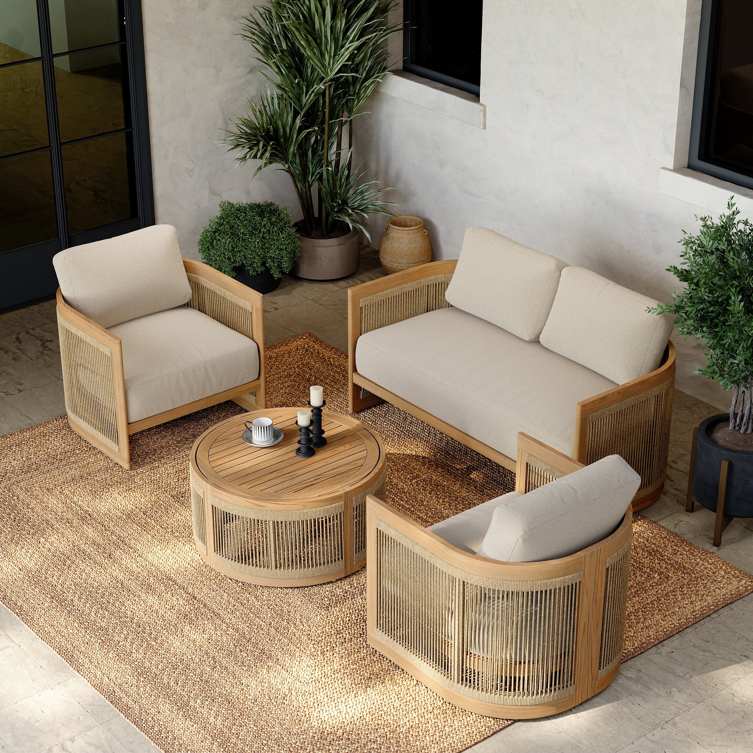 HMR - 4-Pieces Beige Teak Hand Woven Rope Outdoor Sofa Set