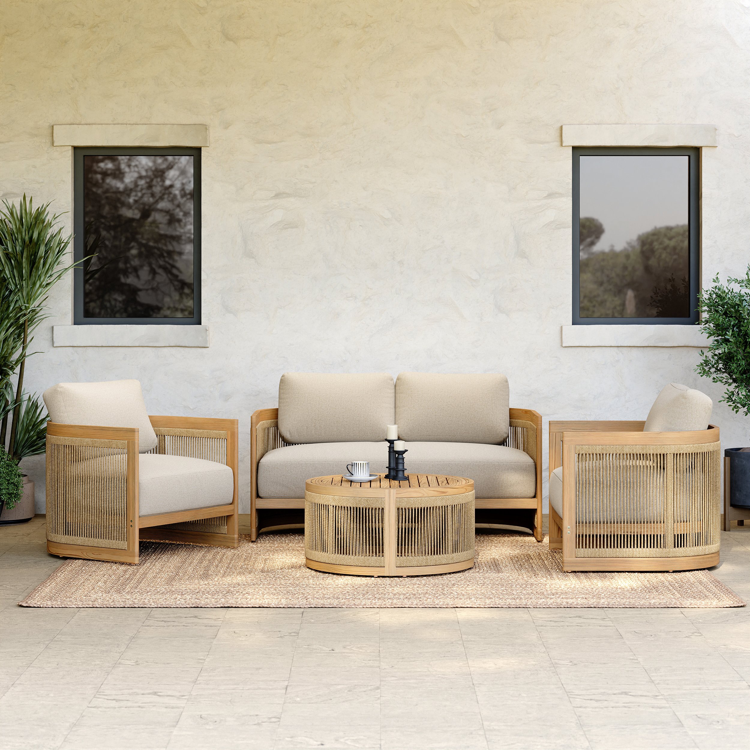 HMR - 4-Pieces Beige Teak Hand Woven Rope Outdoor Sofa Set