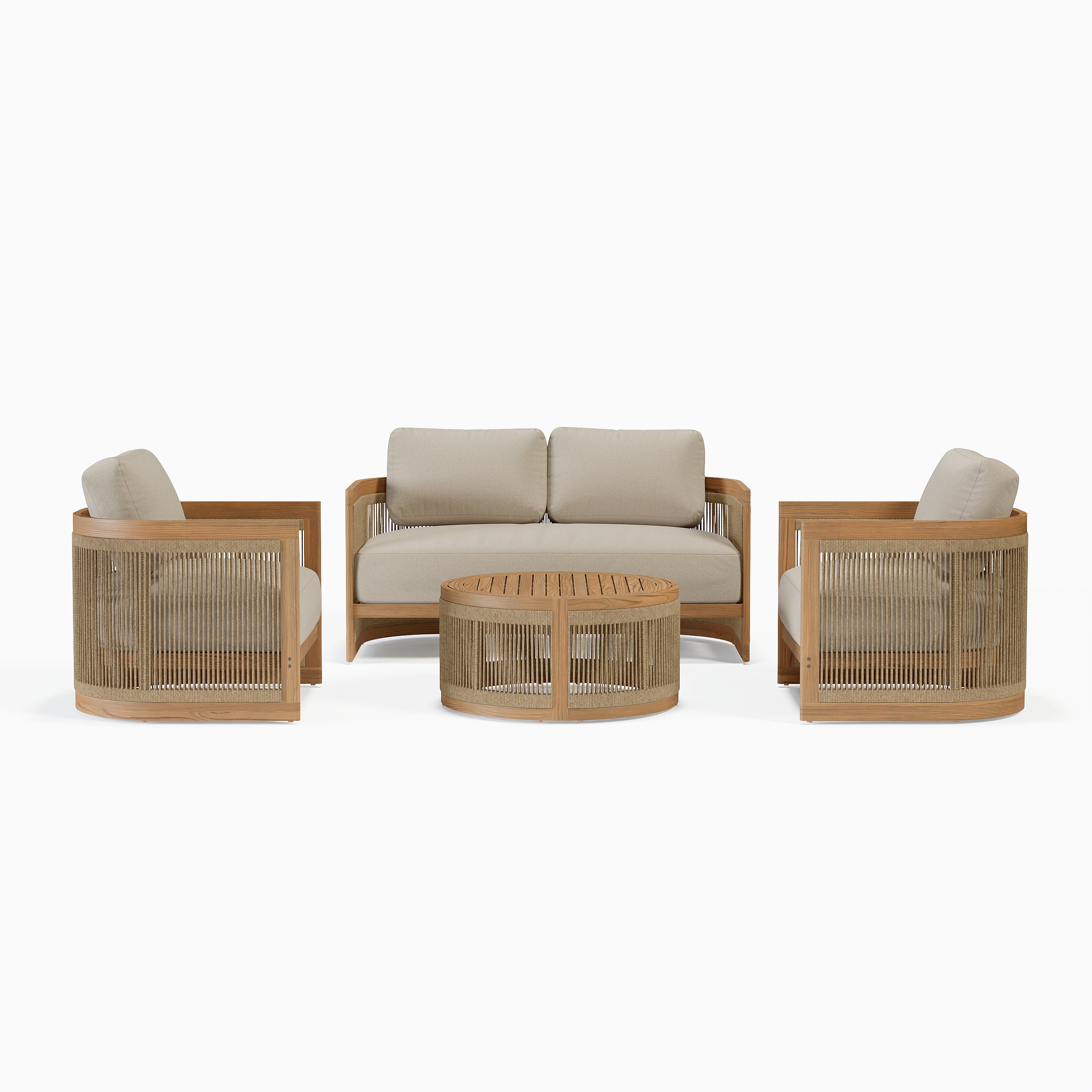 HMR - 4-Pieces Beige Teak Hand Woven Rope Outdoor Sofa Set