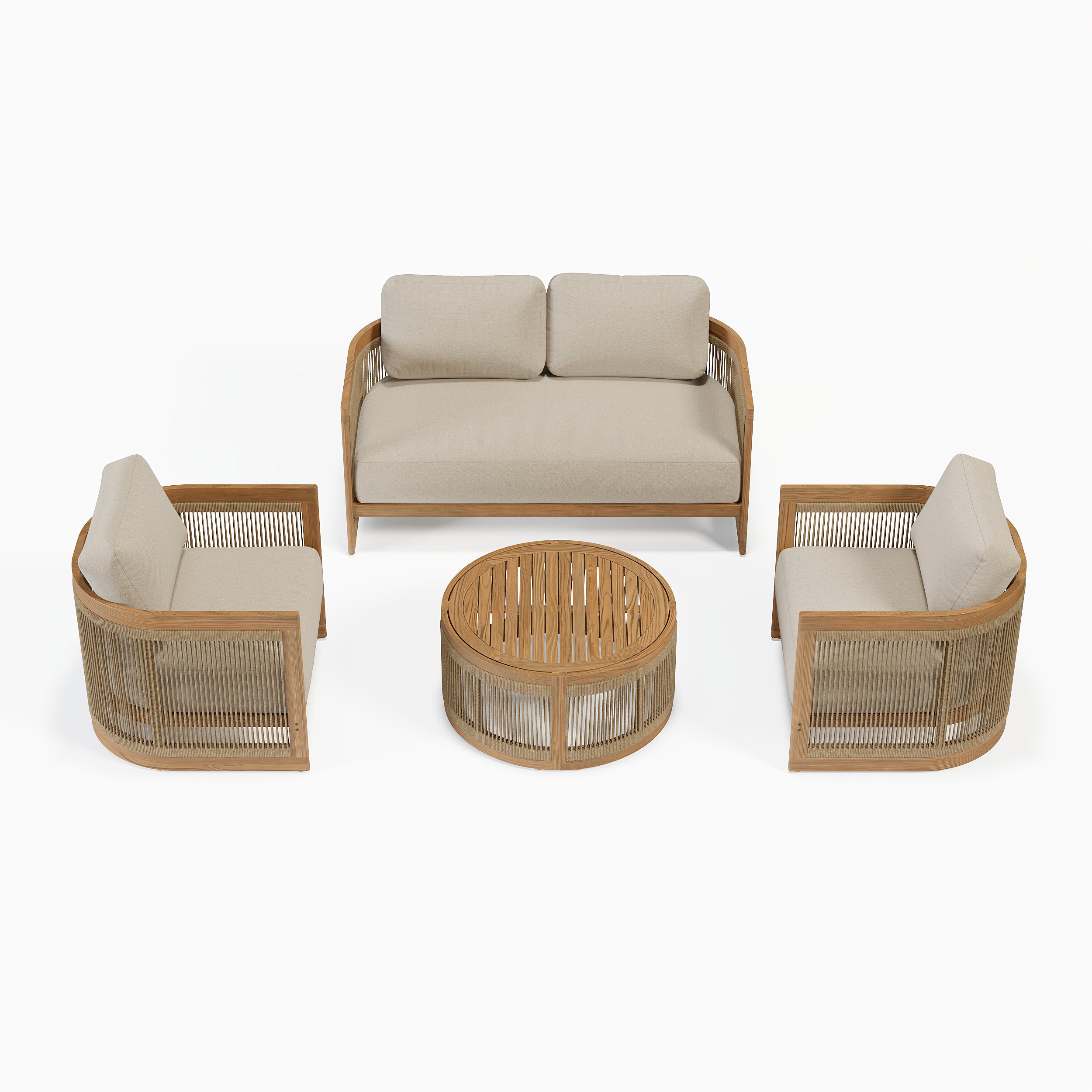 HMR - 4-Pieces Beige Teak Hand Woven Rope Outdoor Sofa Set