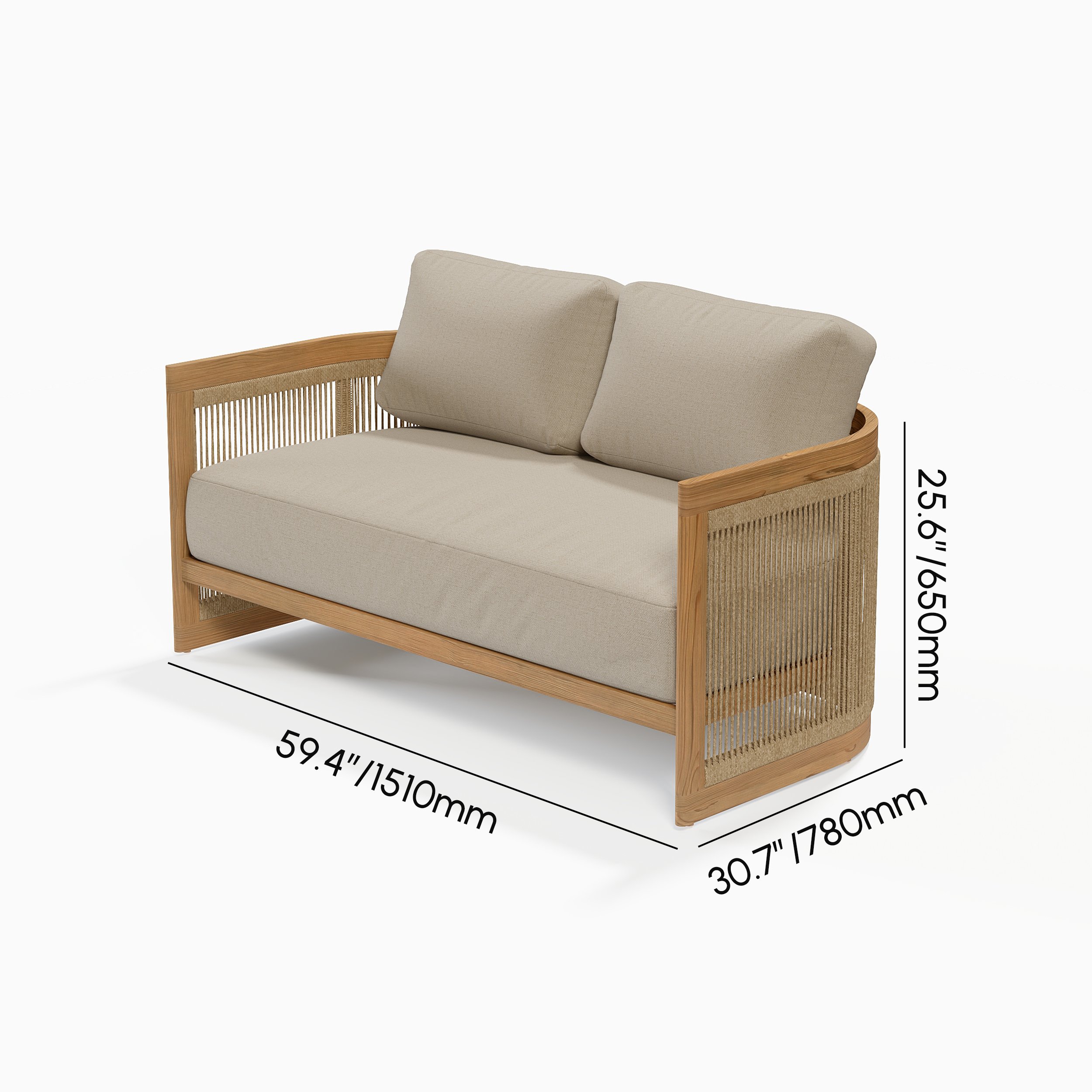 HMR - 4-Pieces Beige Teak Hand Woven Rope Outdoor Sofa Set