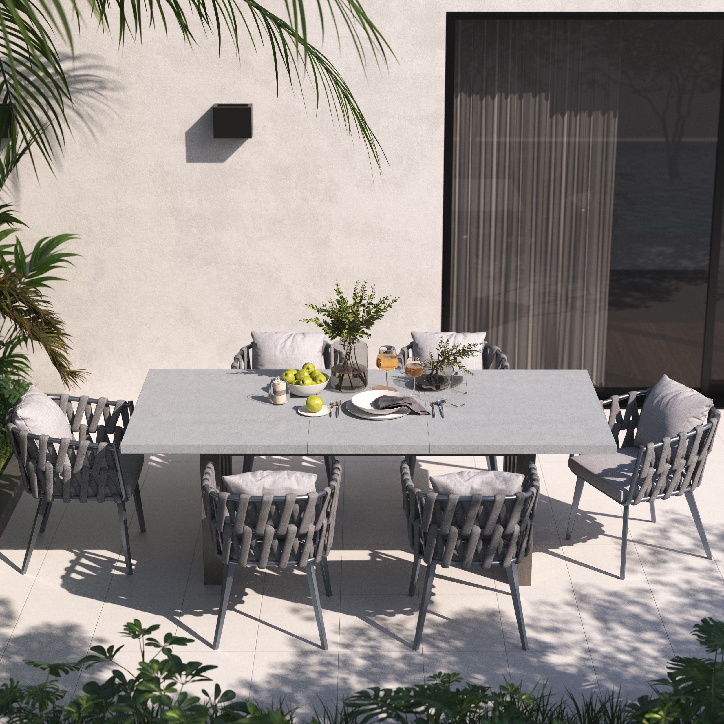 HMR - 7-Pieces Gray Aluminum Outdoor Patio Dining Set with Extendable Table and Woven Armchair