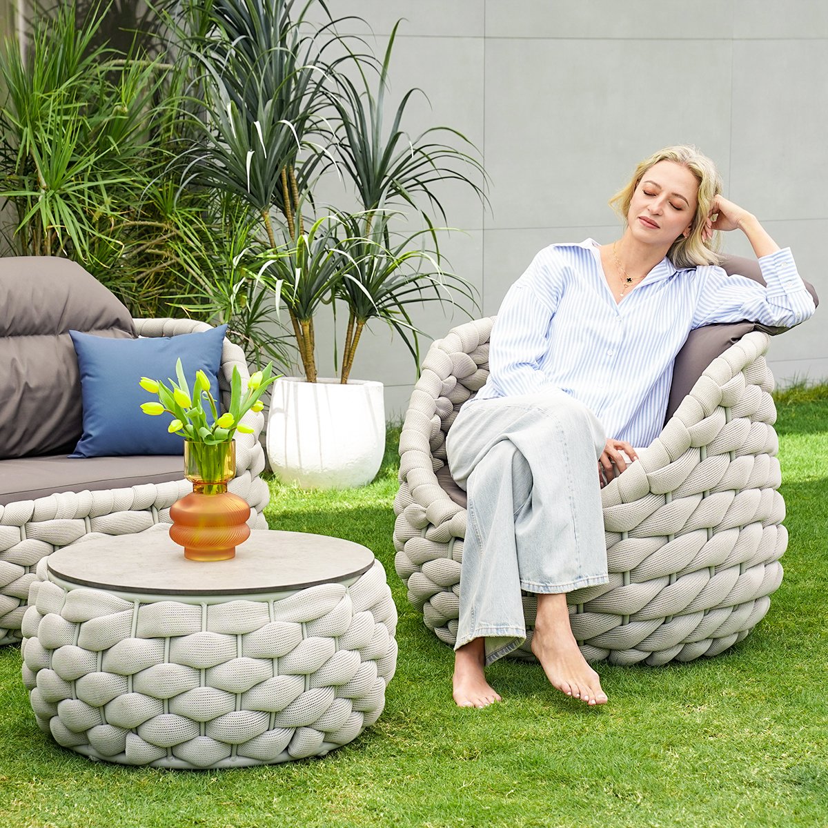 HMR Tatta Modern Faux Marble Top Round Outdoor Coffee Table with Textilene Rope Woven Base - Gray, With Storage
