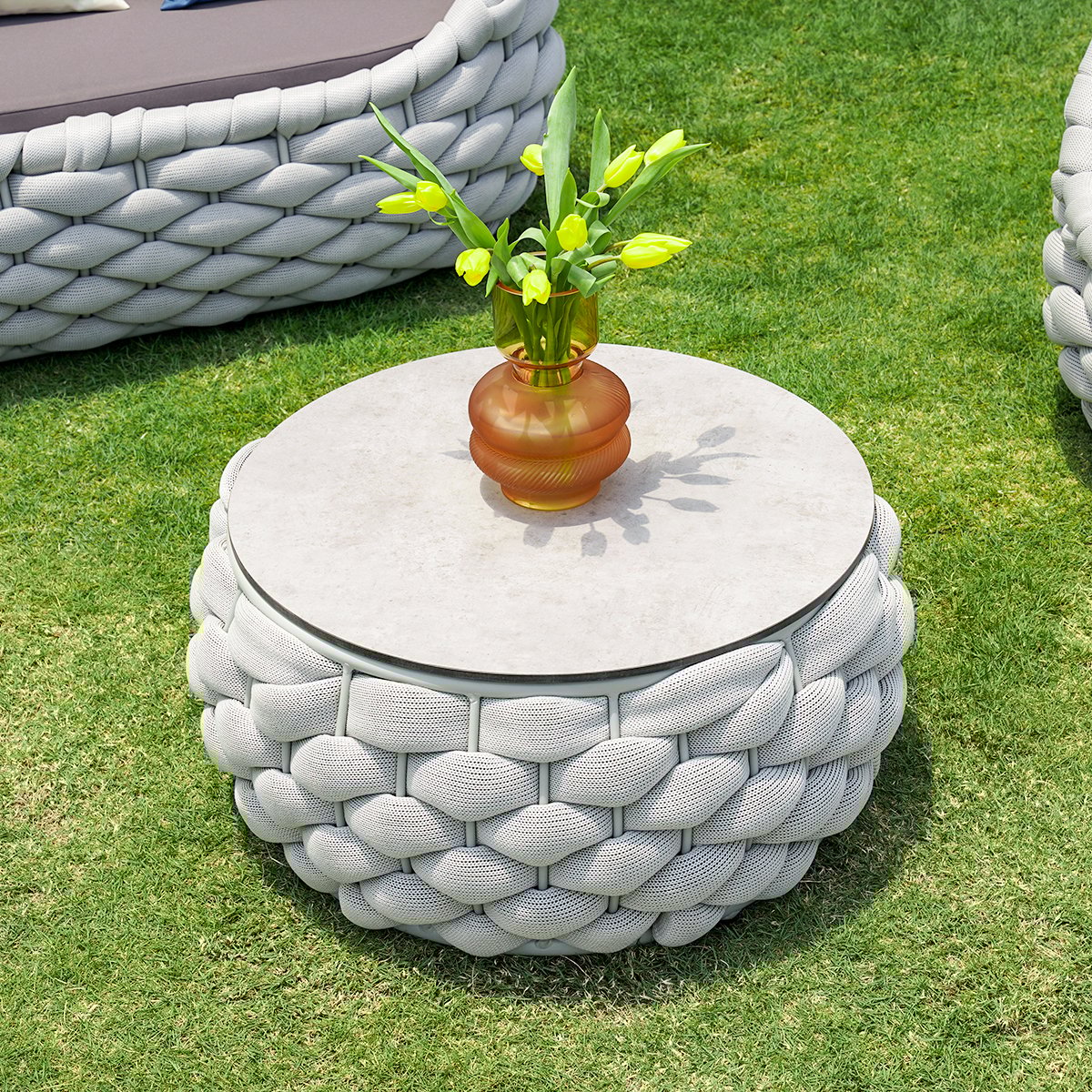 HMR Tatta Modern Faux Marble Top Round Outdoor Coffee Table with Textilene Rope Woven Base - Gray, With Storage