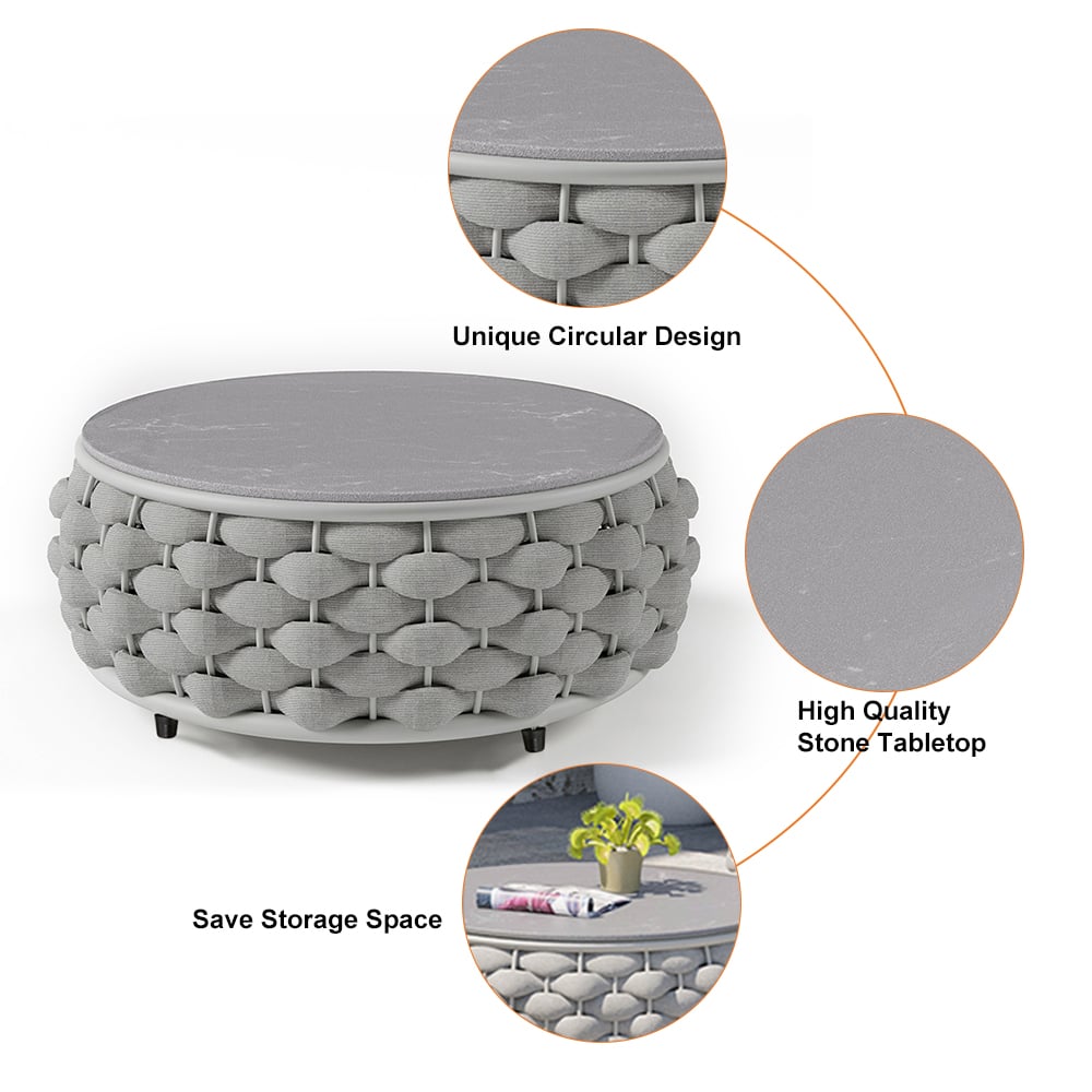 HMR Tatta Modern Faux Marble Top Round Outdoor Coffee Table with Textilene Rope Woven Base - Gray, With Storage