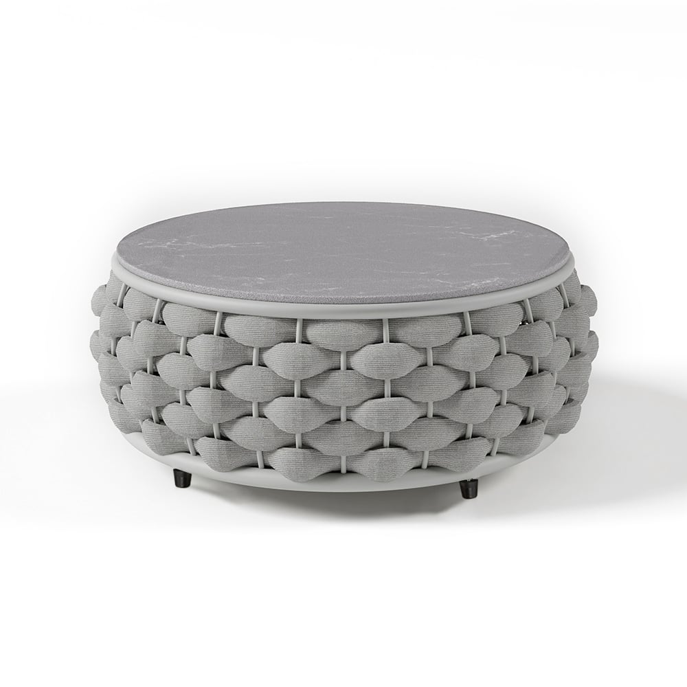 HMR Tatta Modern Faux Marble Top Round Outdoor Coffee Table with Textilene Rope Woven Base - Gray, With Storage