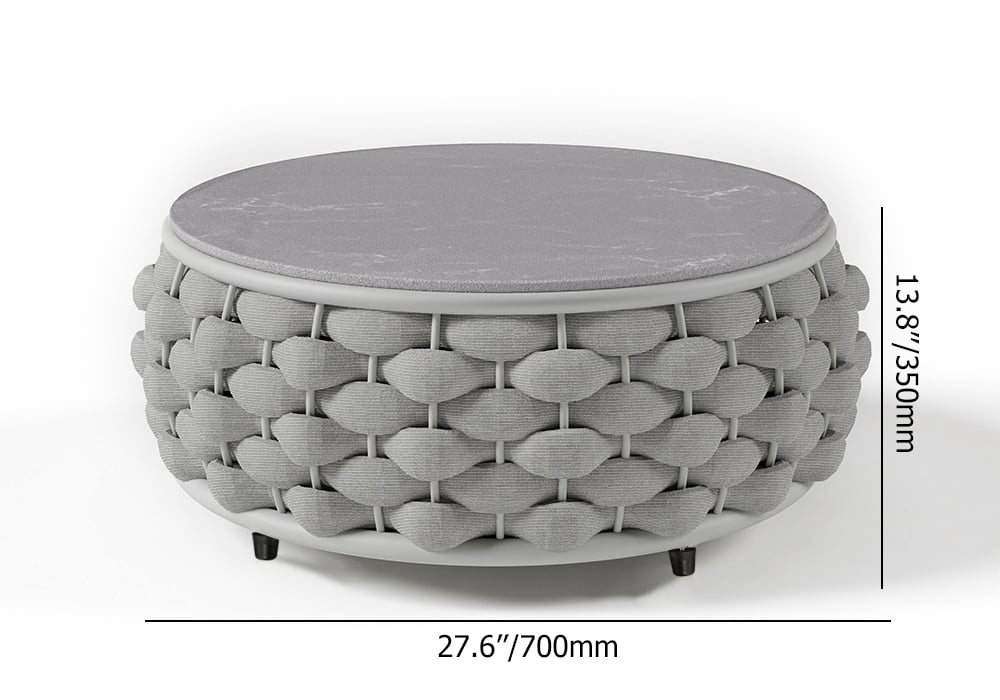 HMR Tatta Modern Faux Marble Top Round Outdoor Coffee Table with Textilene Rope Woven Base - Gray, With Storage