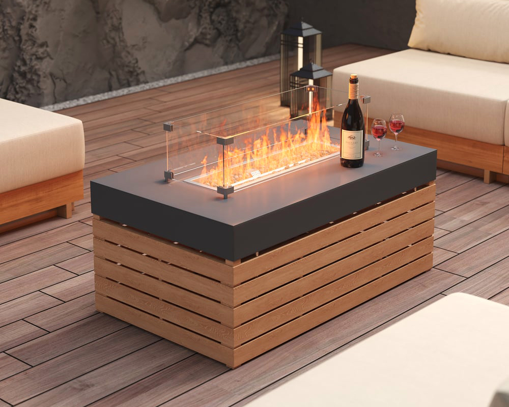 HMR 6-Pieces Modular Teak Outdoor Sofa Set with Smokeless Fire Pit for 6 Person - Light Khaki