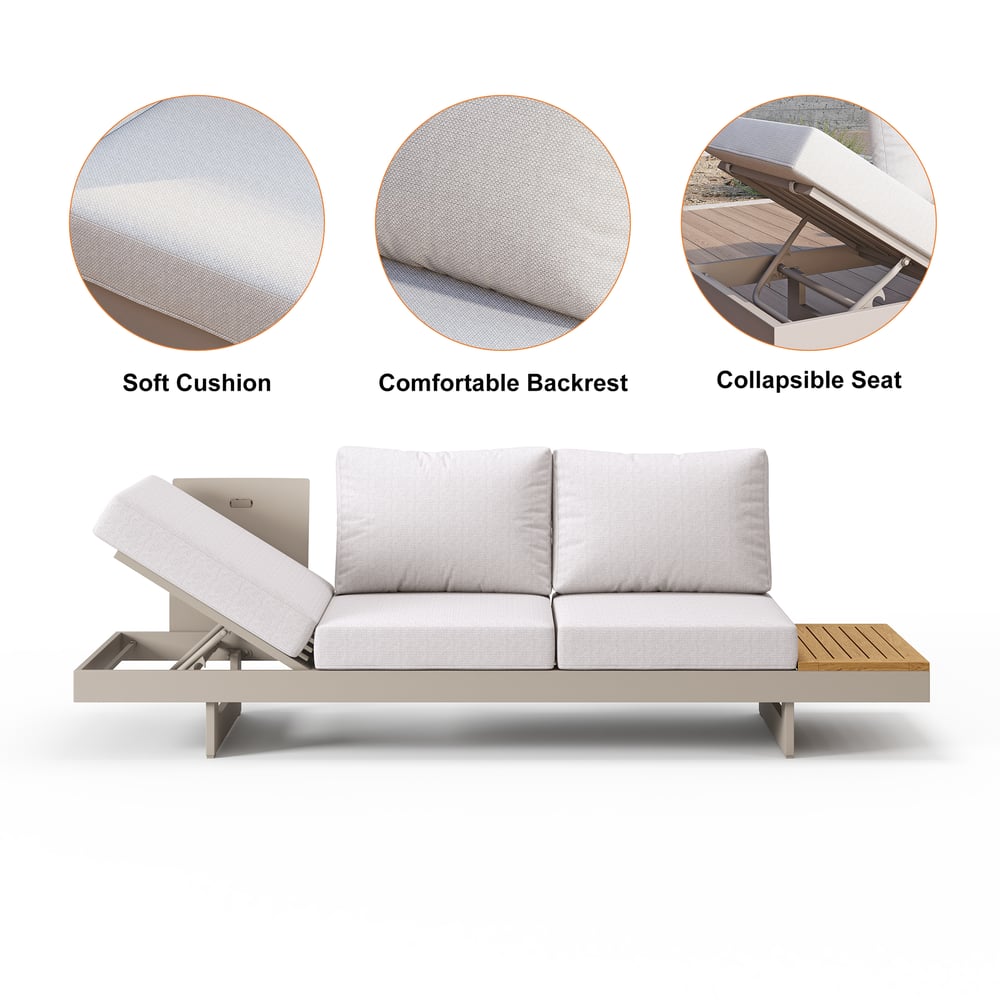 HMR 6-Pieces Modular Teak Outdoor Sofa Set with Smokeless Fire Pit for 6 Person - Light Khaki