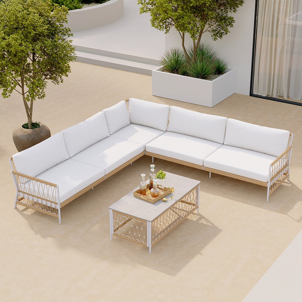 HMR - Ropipe 4-Pieces L-Shaped Woven Rope Outdoor Sectional Sofa Set in Khaki & White For 5