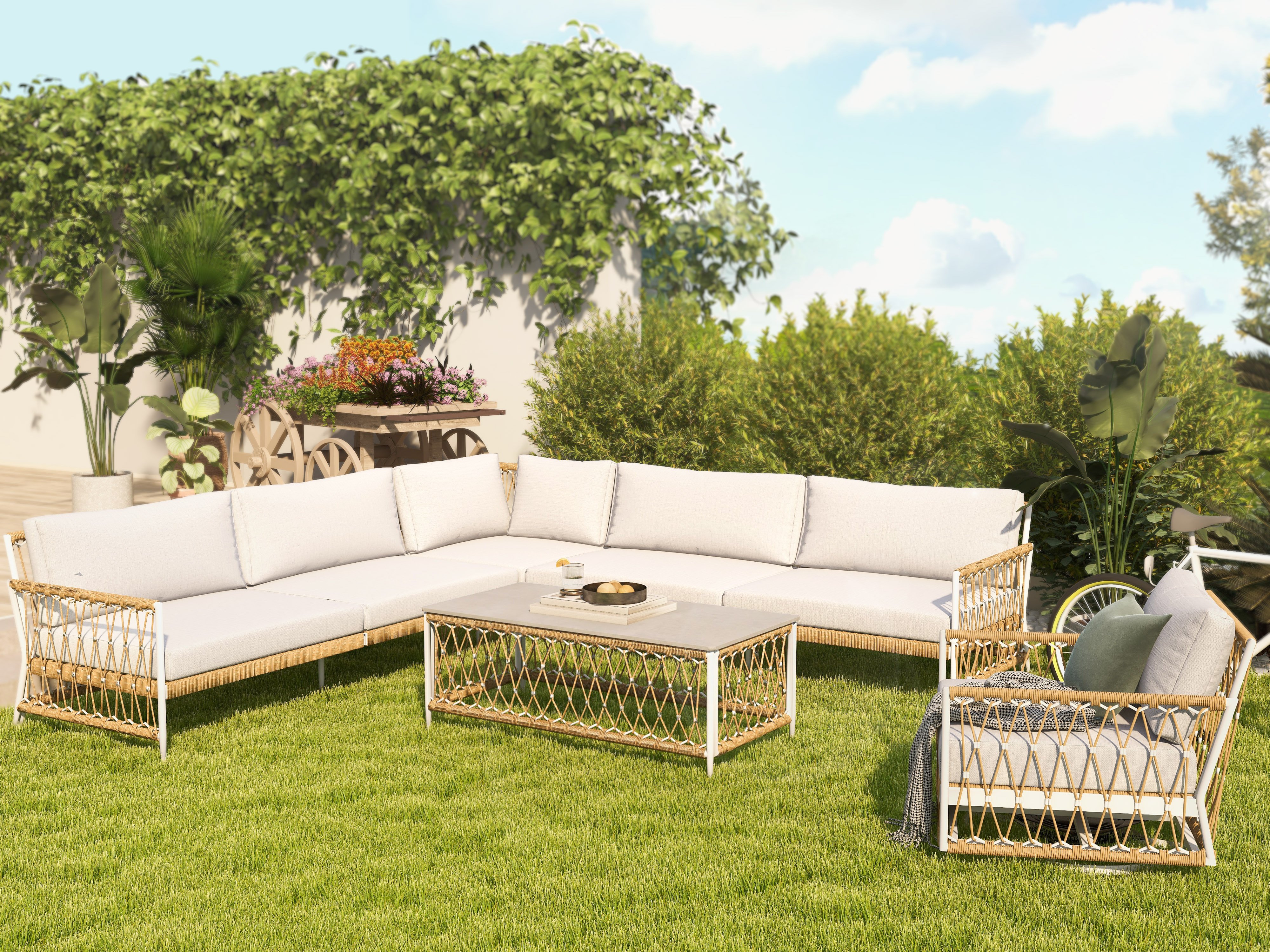HMR - Ropipe 4-Pieces L-Shaped Woven Rope Outdoor Sectional Sofa Set in Khaki & White For 5