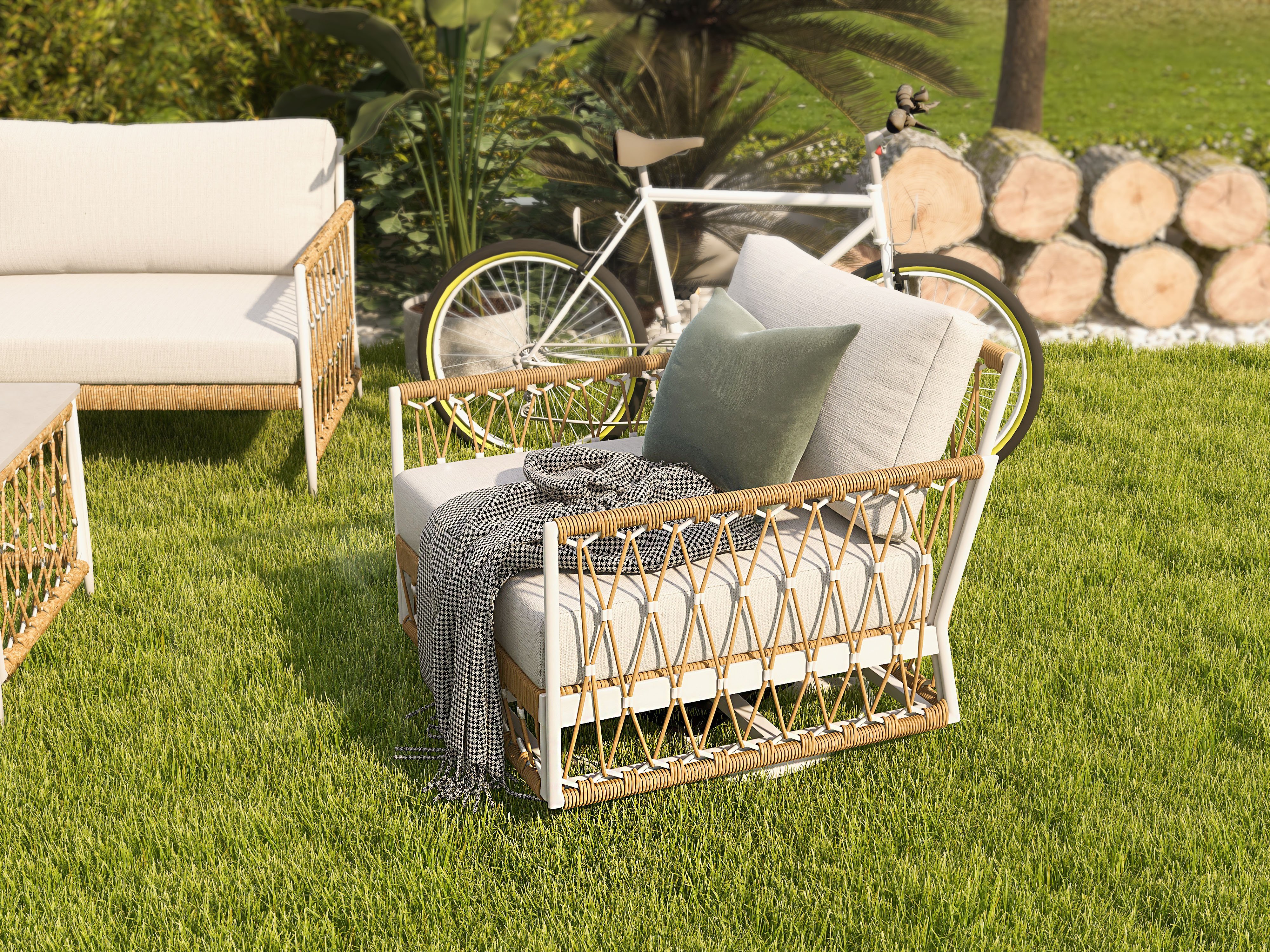HMR - Ropipe 4-Pieces L-Shaped Woven Rope Outdoor Sectional Sofa Set in Khaki & White For 5