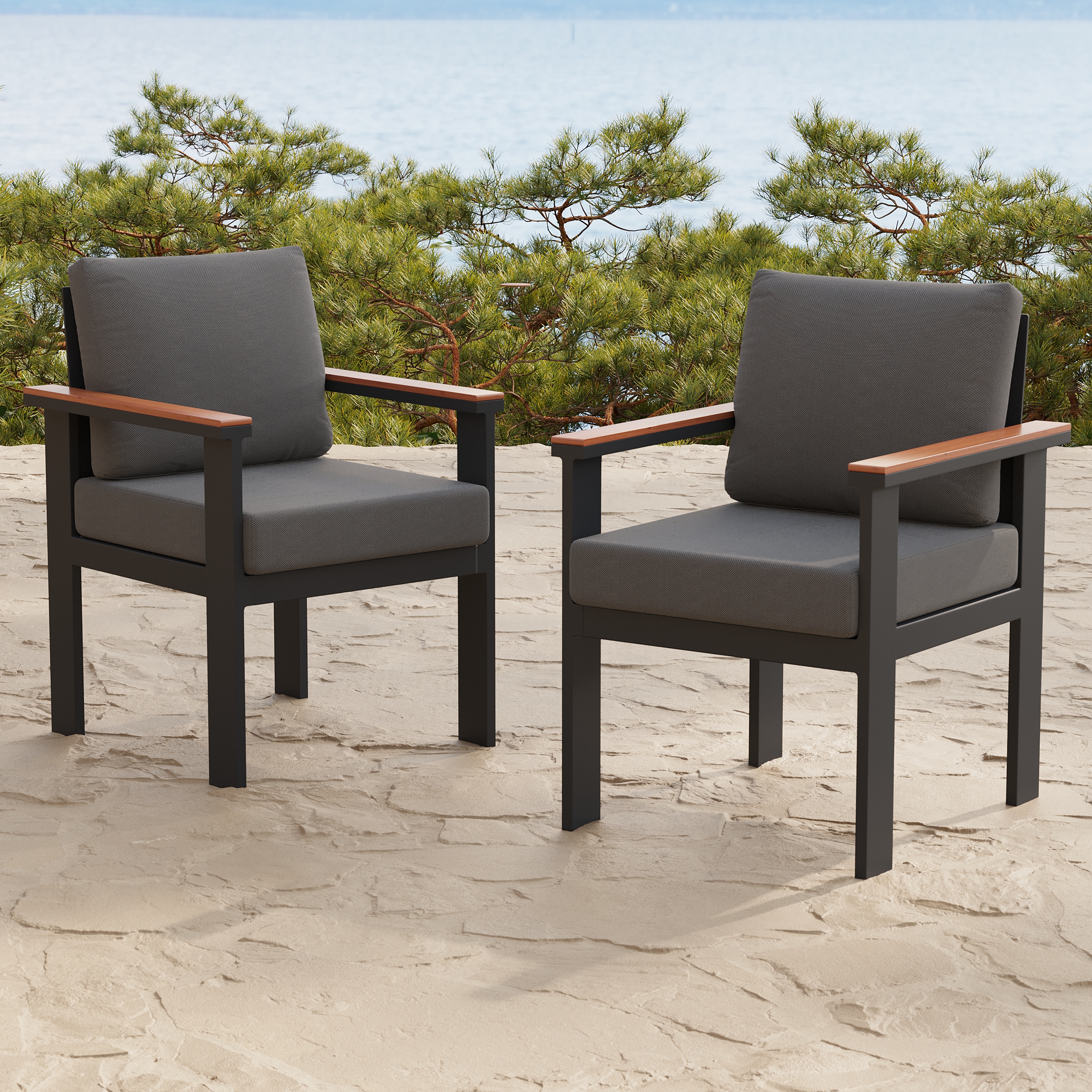HMR - 2 PCS Acacia & Aluminum Outdoor Dining Chair with Cushion