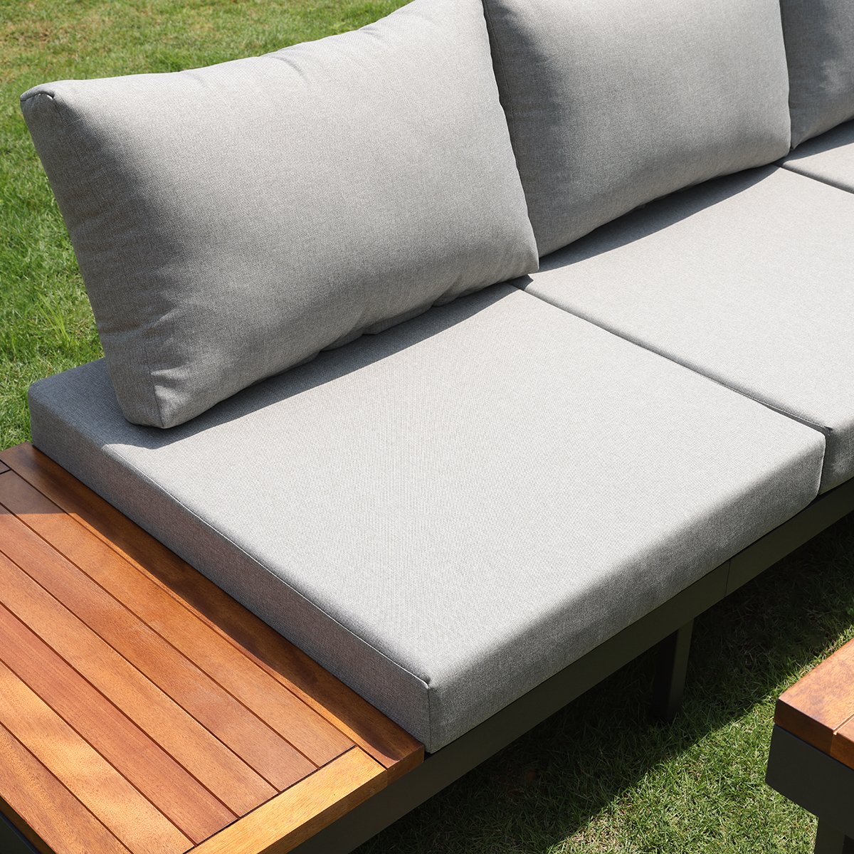 HMR - Aluminum Wood Outdoor Sectional Sofa & Propane Gas Fire Pit Table With Glass Wind Guard