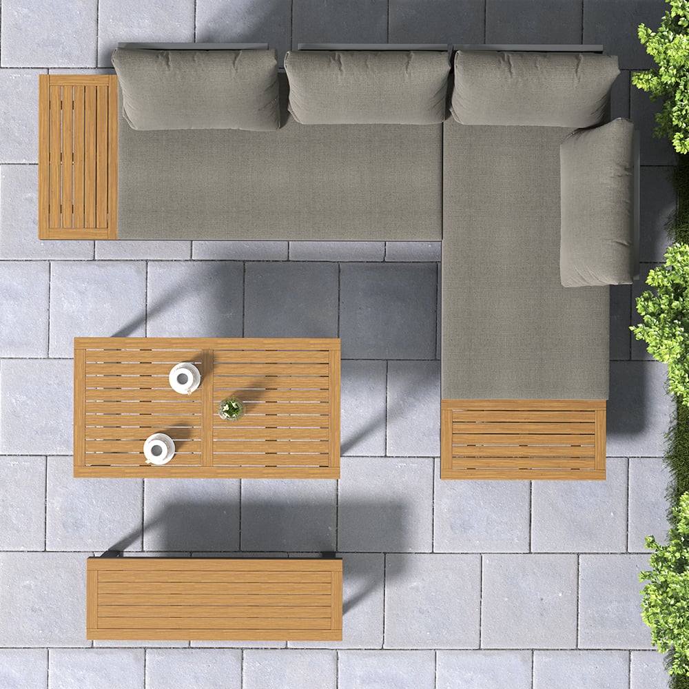 HMR - Aluminum Wood Outdoor Sectional Sofa & Propane Gas Fire Pit Table With Glass Wind Guard