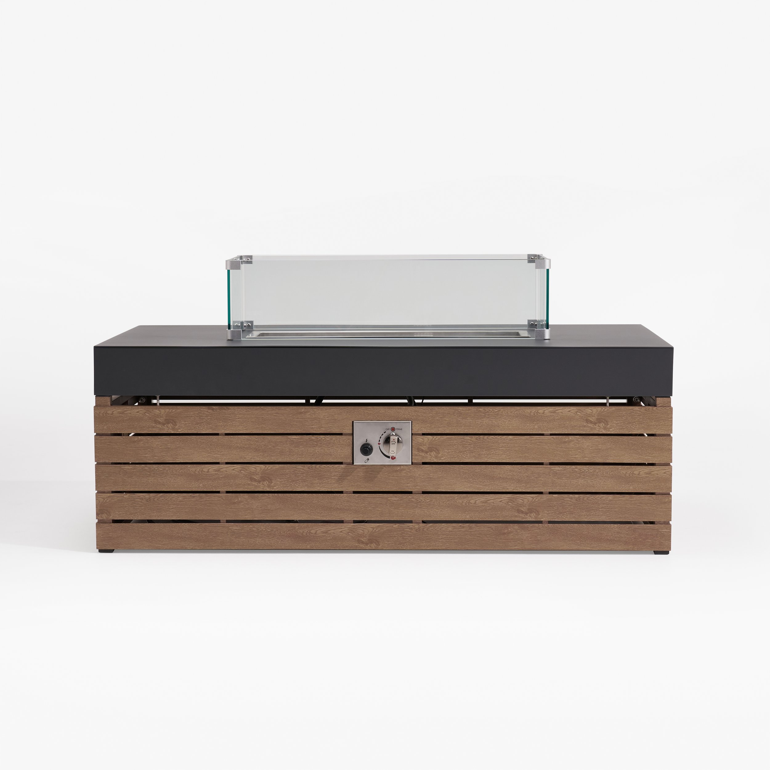 HMR - Aluminum Wood Outdoor Sectional Sofa & Propane Gas Fire Pit Table With Glass Wind Guard
