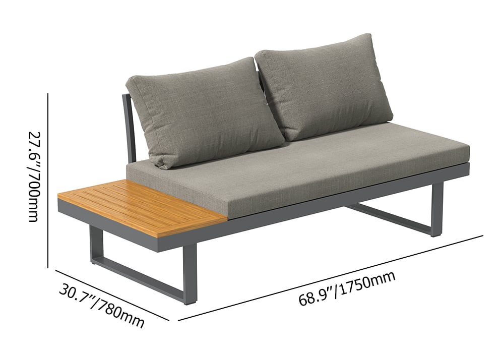HMR - Aluminum Wood Outdoor Sectional Sofa & Propane Gas Fire Pit Table With Glass Wind Guard