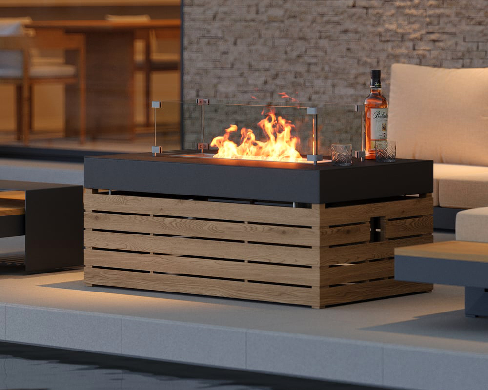 HMR - Aluminum Wood Outdoor Sectional Sofa & Propane Gas Fire Pit Table With Glass Wind Guard