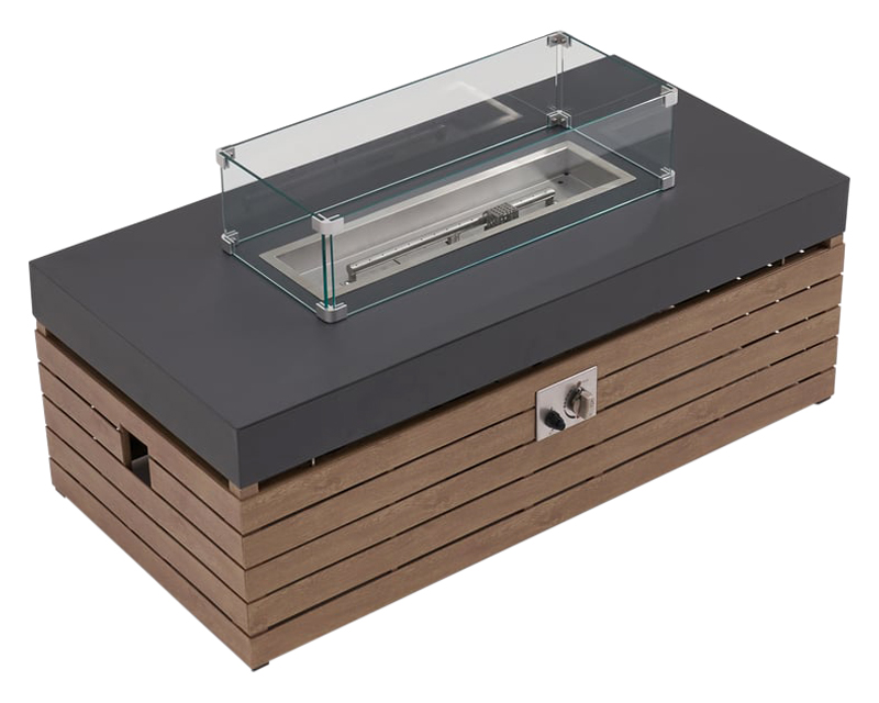 HMR - Aluminum Wood Outdoor Sectional Sofa & Propane Gas Fire Pit Table With Glass Wind Guard