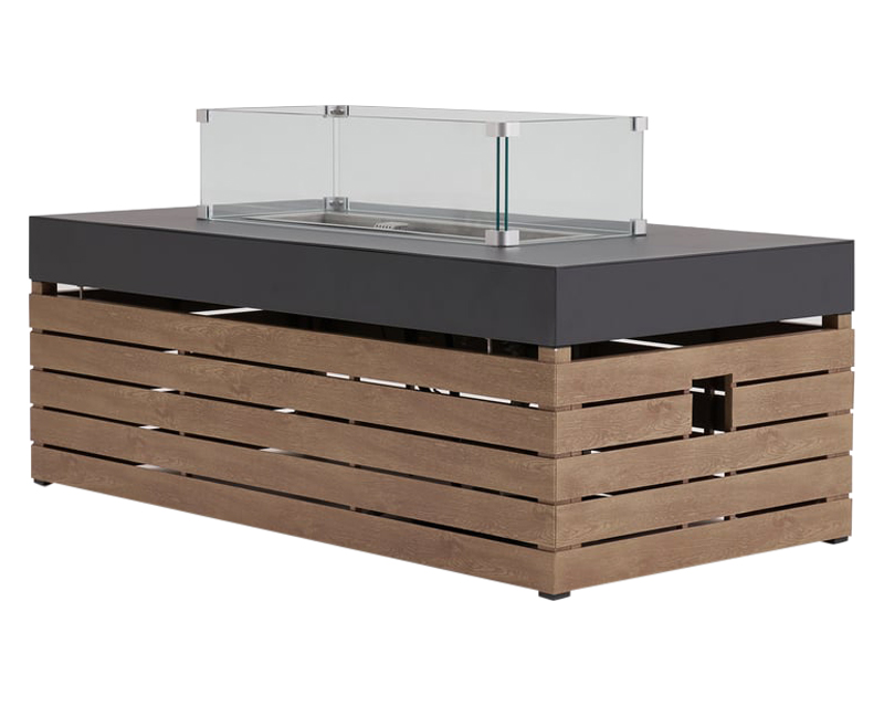 HMR - Aluminum Wood Outdoor Sectional Sofa & Propane Gas Fire Pit Table With Glass Wind Guard