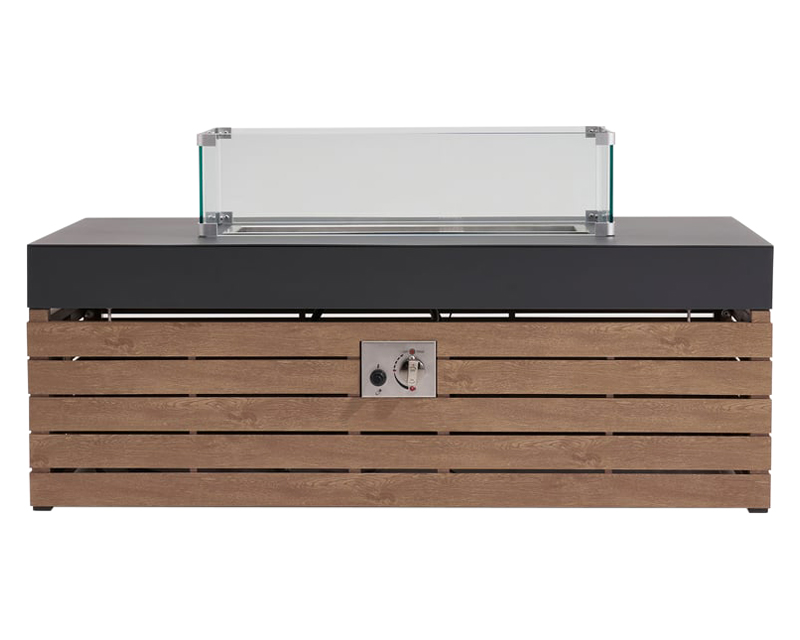 HMR - Aluminum Wood Outdoor Sectional Sofa & Propane Gas Fire Pit Table With Glass Wind Guard