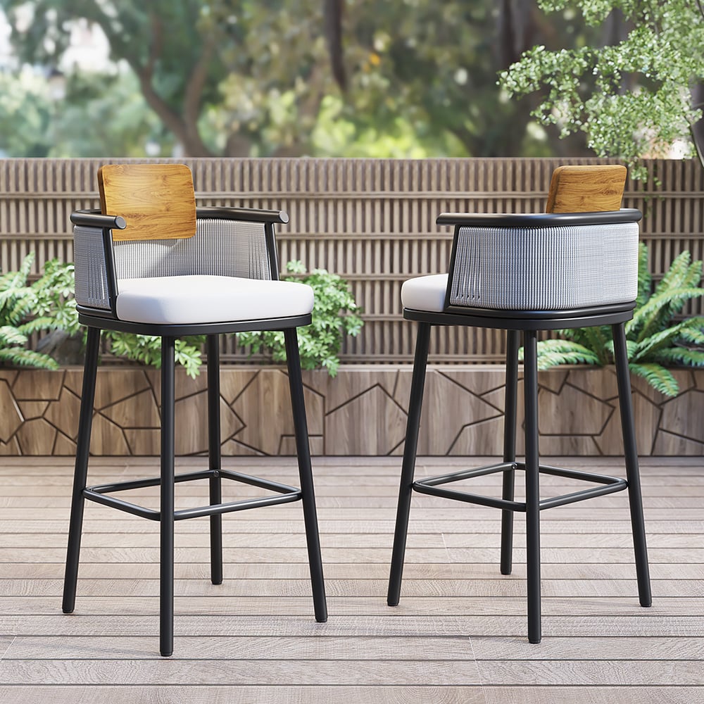 HMR - 2-Pieces Outdoor Patio Teak & Aluminum 41" Bar Stools Set with Backs