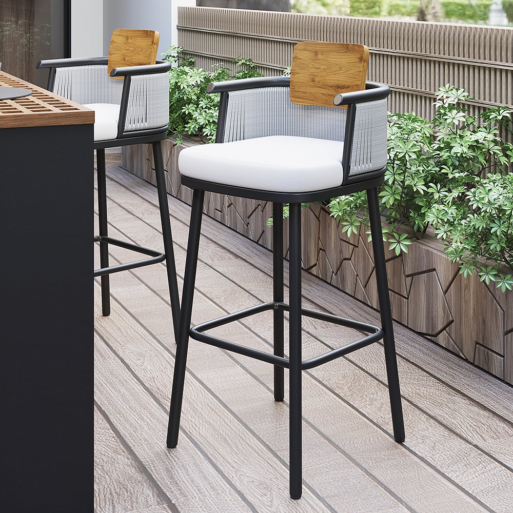 HMR - 2-Pieces Outdoor Patio Teak & Aluminum 41" Bar Stools Set with Backs