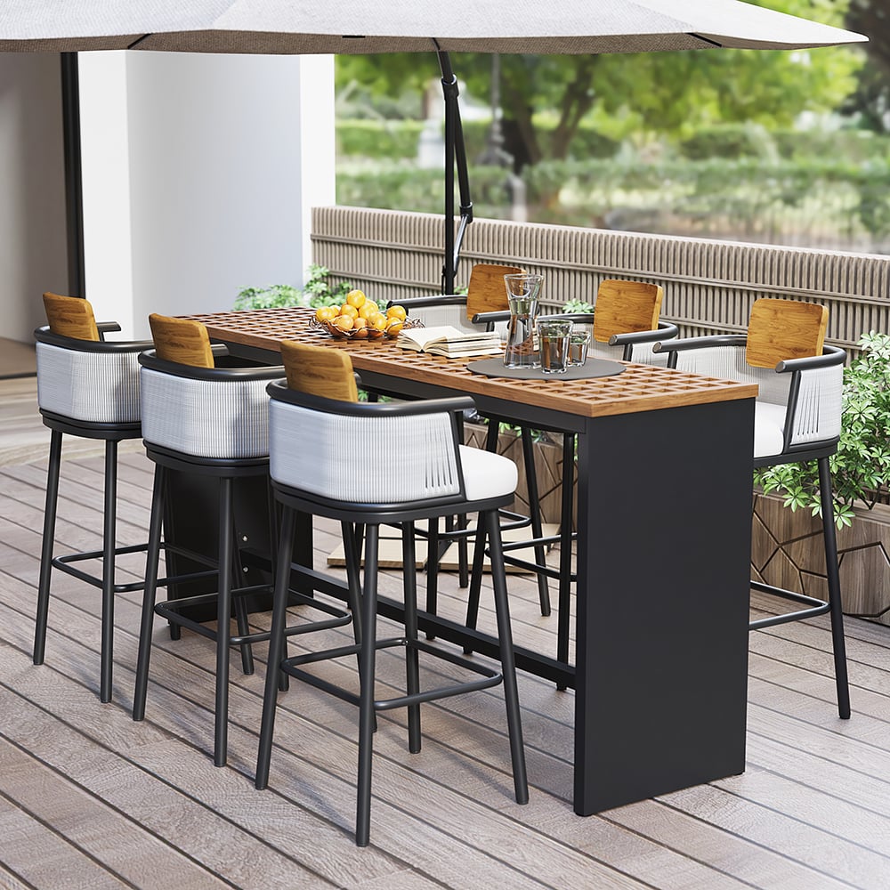HMR - 2-Pieces Outdoor Patio Teak & Aluminum 41" Bar Stools Set with Backs