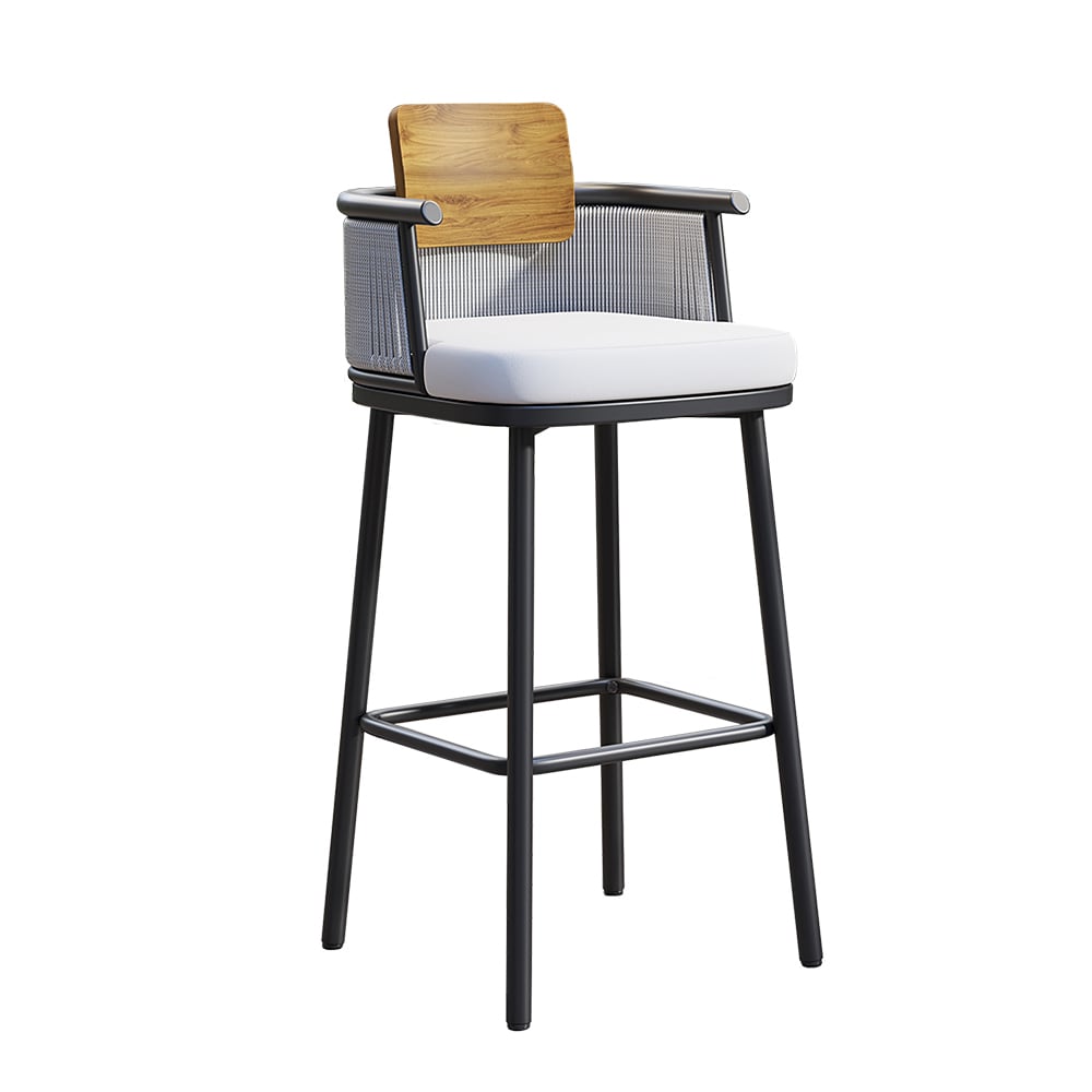 HMR - 2-Pieces Outdoor Patio Teak & Aluminum 41" Bar Stools Set with Backs