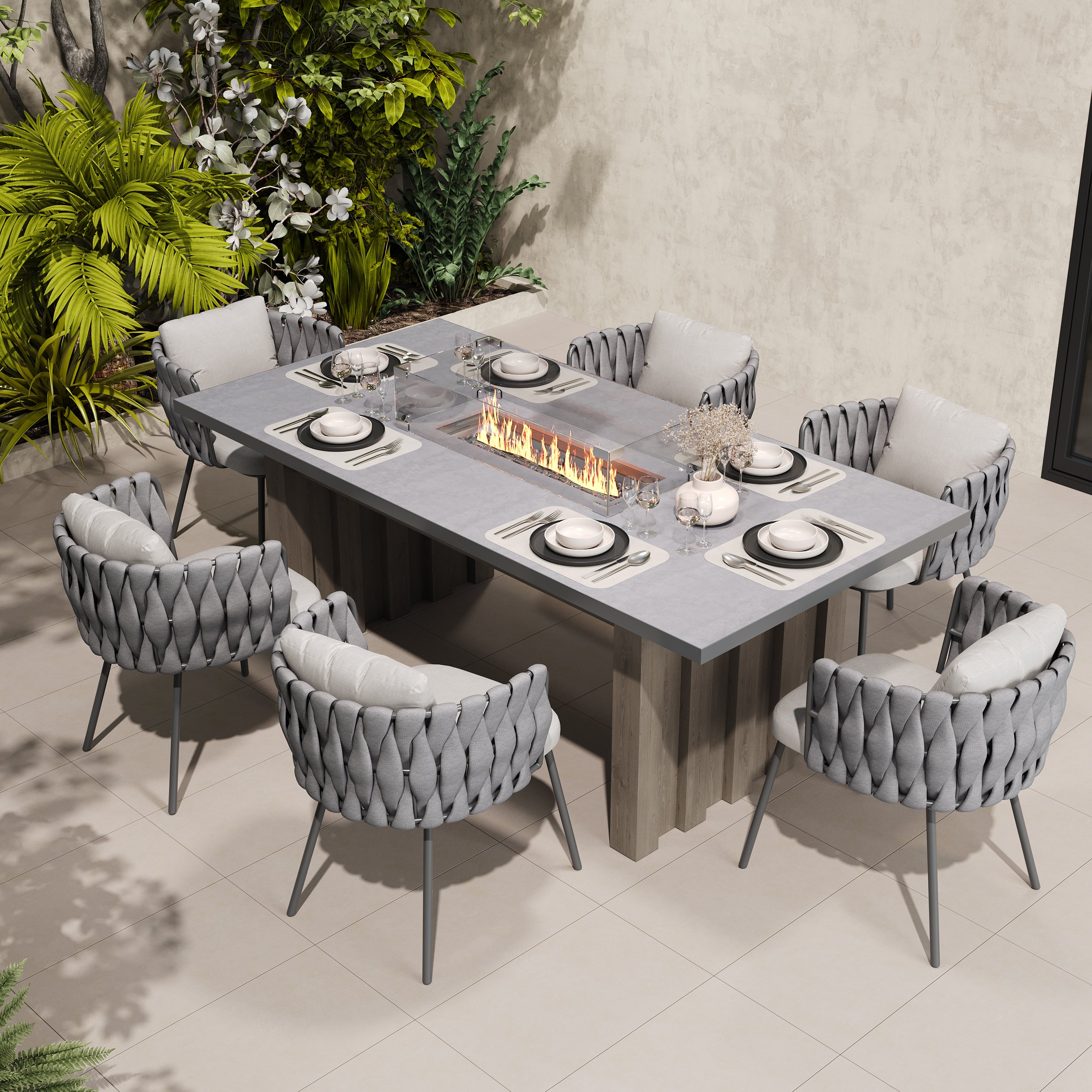 HMR - 7 Pieces Gray Aluminum Outdoor Fire Patio Dining Set with Woven Armchair