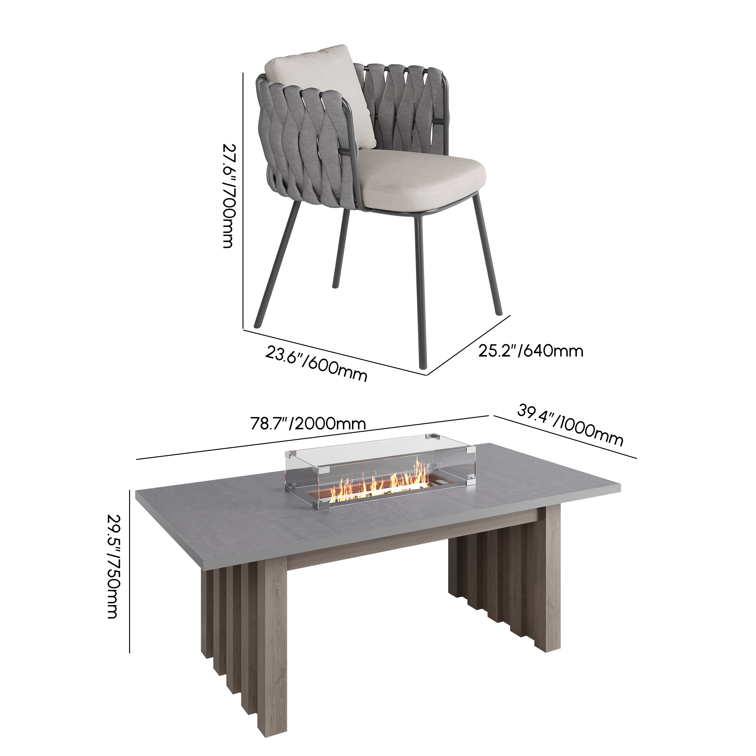 HMR - 7 Pieces Gray Aluminum Outdoor Fire Patio Dining Set with Woven Armchair