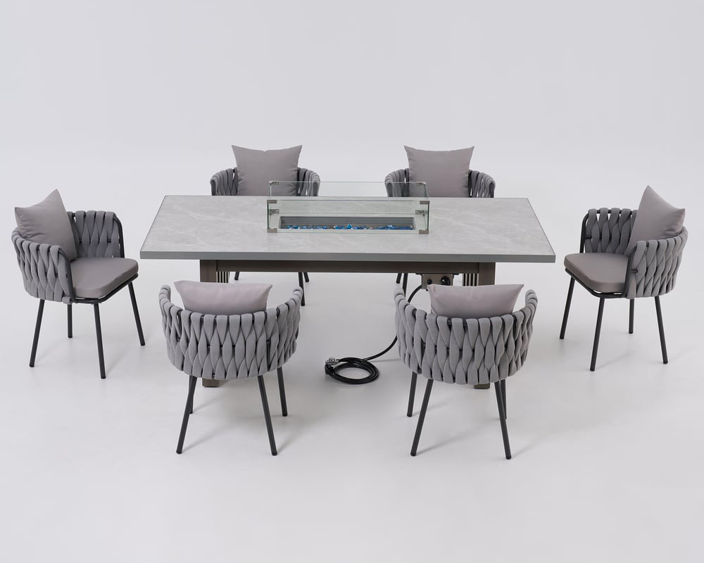 HMR - 7 Pieces Gray Aluminum Outdoor Fire Patio Dining Set with Woven Armchair