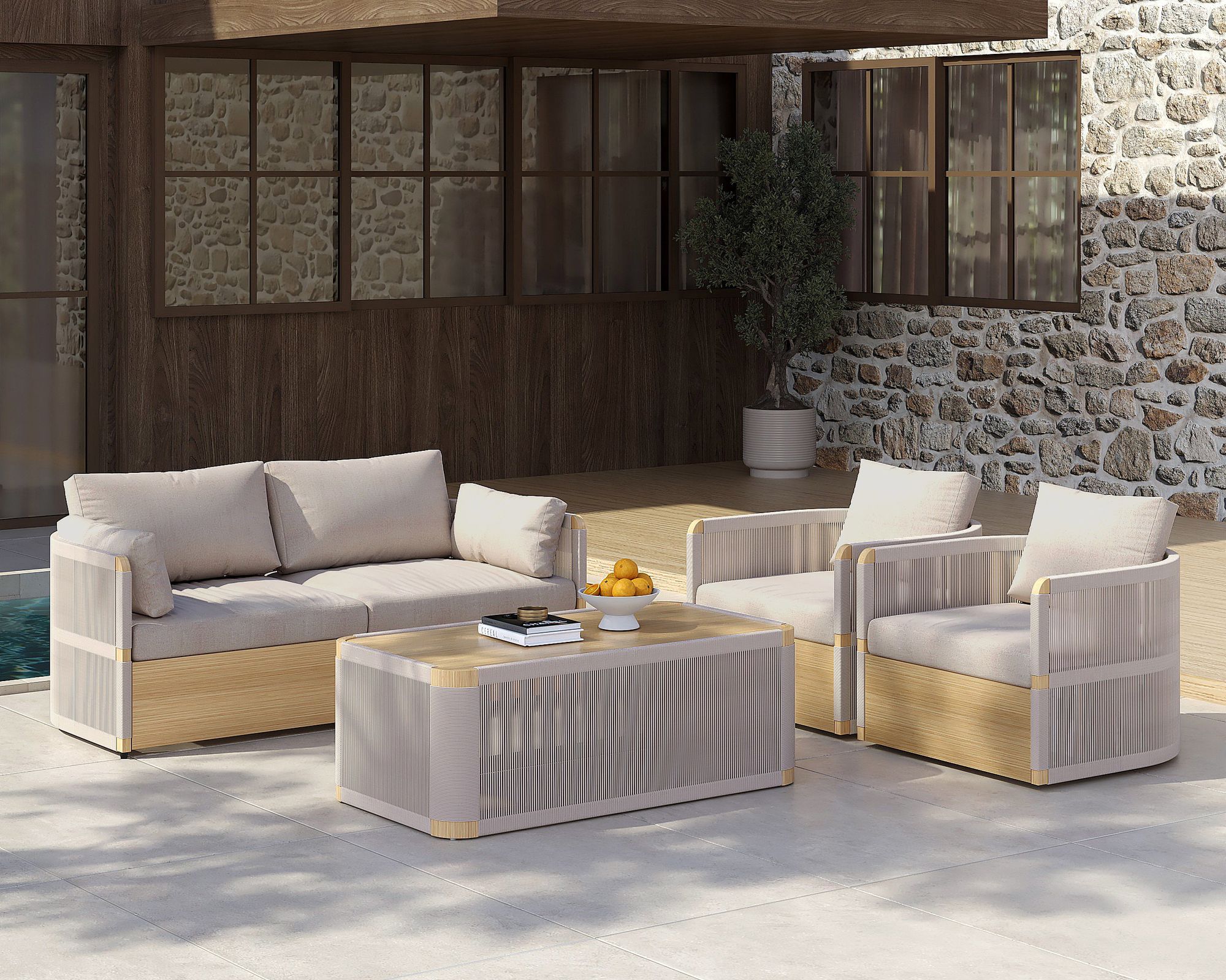 HMR 4-Pieces Modern Aluminum & Rope Outdoor Sofa Set with Coffee Table - Khaki, 2 Seater + Armchair