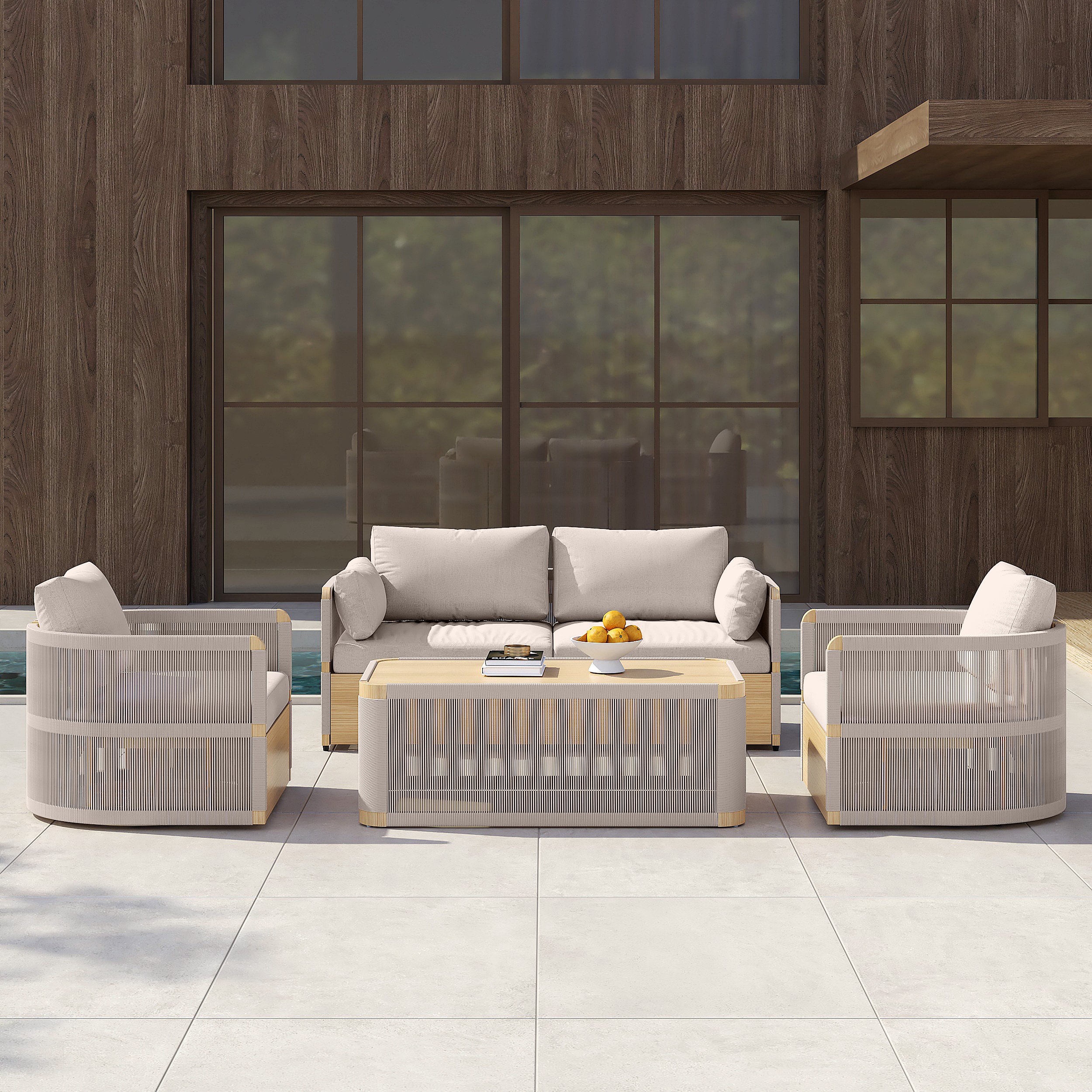 HMR 4-Pieces Modern Aluminum & Rope Outdoor Sofa Set with Coffee Table - Khaki, 2 Seater + Armchair
