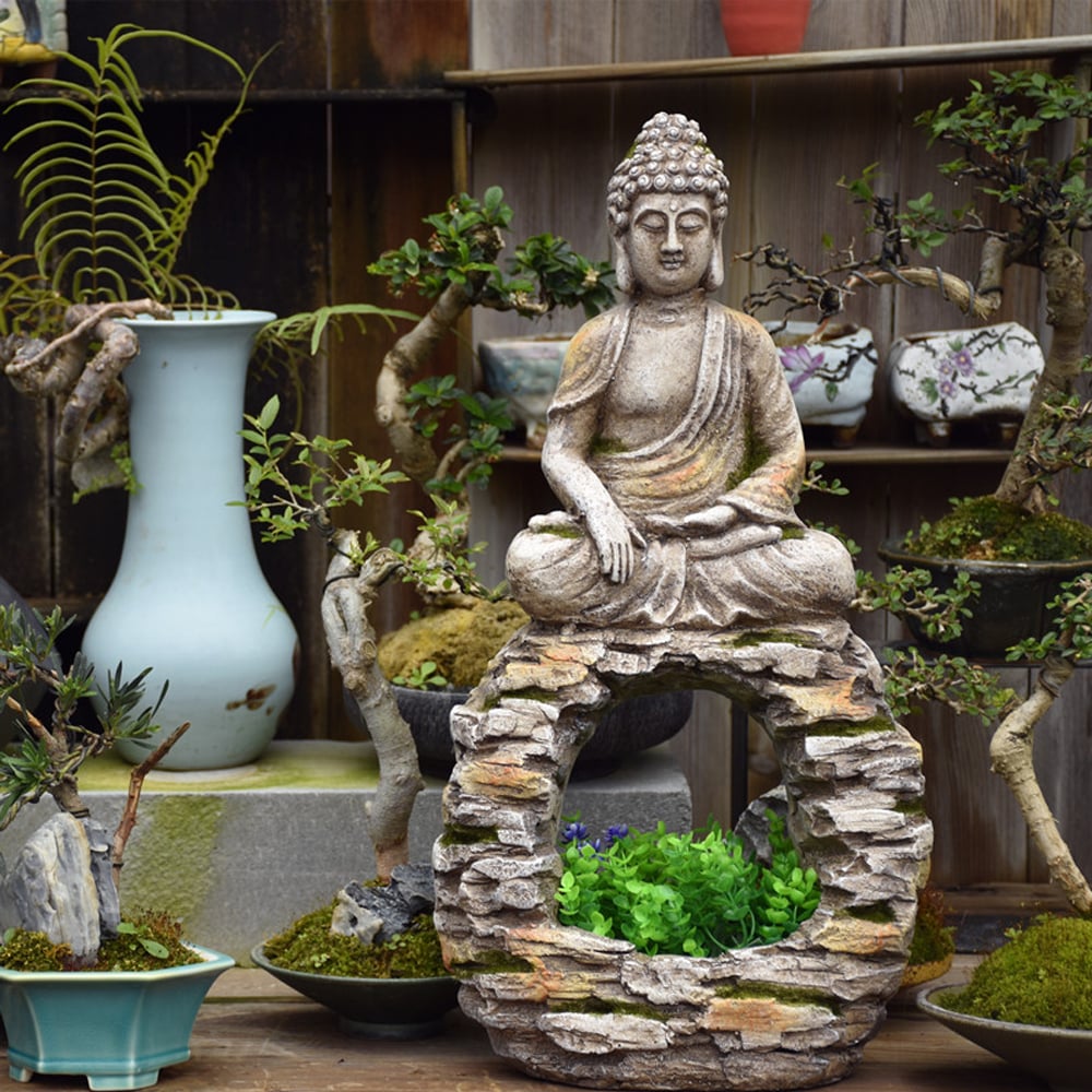 HMR - 22.2" Garden Buddha Statue Outdoor Gray Resin Sculpture Decor Art Flower Pot Planter