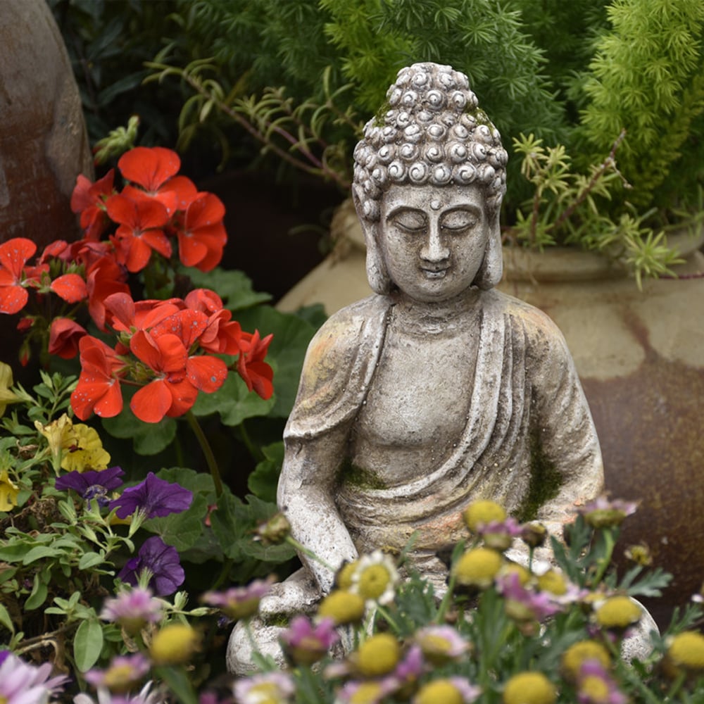 HMR - 22.2" Garden Buddha Statue Outdoor Gray Resin Sculpture Decor Art Flower Pot Planter